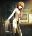  1girl :o absurdres bangs black_legwear black_shorts blue_eyes brown_hair chair computer eyebrows eyebrows_visible_through_hair hair_between_eyes highres huke indoors labcoat long_hair looking_at_viewer makise_kurisu necktie notes official_art open_mouth pantyhose red_necktie shirt short_shorts shorts solo standing steins;gate_zero tareme white_shirt 