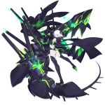  1girl ass bare_shoulders black_legwear cannon claws enemy_bismarck_(zhan_jian_shao_nyu) full_body gauntlets glowing green_eyes hair_over_one_eye high_heels horns leaning_back legs_apart looking_at_viewer looking_back mouth ntrsis official_art outstretched_arm pale_skin reaching see-through single_gauntlet smile solo spikes standing tail thigh-highs transparent_background white_hair zhan_jian_shao_nyu 