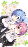  2girls black_dress blue_eyes blue_hair blush breasts detached_sleeves dress frills hair_ornament hair_over_one_eye hair_ribbon highres looking_at_viewer maid maid_headdress multiple_girls pink_hair ram_(re:zero) re:zero_kara_hajimeru_isekai_seikatsu red_eyes rem_(re:zero) ribbon short_hair siblings sisters smile sousouman twins x_hair_ornament 