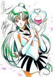  1girl bishoujo_senshi_sailor_moon black_skirt bow brooch choker cowboy_shot earrings elbow_gloves gloves green_hair hair_bun jewelry lipstick long_hair looking_at_viewer magical_girl makeup marco_albiero marker_(medium) meiou_setsuna orange_bow petals pink_lipstick pleated_skirt red_eyes sailor_collar sailor_pluto signature skirt smile solo tiara traditional_media white_background white_gloves 