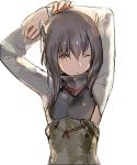  1girl arms_up brown_eyes brown_hair commentary_request flat_chest headgear kantai_collection kawaguchi_(mojacome) long_sleeves looking_at_viewer lowres one_eye_closed ribbon shaded_face short_hair sidelocks solo stretch taihou_(kantai_collection) upper_body 