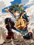  1boy blue_sky boku_no_hero_academia clenched_hand clouds freckles gloves green_hair grin looking_at_viewer male_focus midoriya_izuku outdoors red_shoes shoes short_hair sky smile solo xxxenoki 