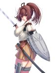  1girl bangs breasts brown_hair brown_skirt cowboy_shot eyebrows eyebrows_visible_through_hair from_side hair_between_eyes hair_intakes hair_ribbon highres holding holding_shield holding_sword holding_weapon holster ise_(kantai_collection) japanese_clothes kantai_collection katana large_breasts long_hair looking_at_viewer masao miniskirt ponytail ribbon sheath shield shirt short_over_long_sleeves simple_background skirt solo sword thigh_holster thigh_strap undershirt weapon white_background white_shirt yellow_eyes 