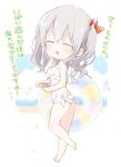  1girl :d ^_^ barefoot beach bikini blush breasts chibi closed_eyes food frilled_bikini frills from_side full_body hand_on_own_cheek innertube kantai_collection kashima_(kantai_collection) open_mouth sino_(sionori) smile solo standing swimsuit translation_request twintails under_boob 
