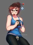  1girl artist_name bandaid bandaid_on_arm black-framed_eyewear blackbamboo breasts brown_eyes brown_hair chocolate cleavage cowboy_shot cup eyebrows food food_in_mouth food_on_face glasses glint grey_background hair_bun hair_ornament hair_stick holding holding_cup large_breasts looking_at_viewer mei_(overwatch) mouth_hold mug overwatch pants short_hair simple_background smile solo sweatpants tank_top thick_eyebrows watermark 