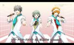  3boys akuno_hideo brown_hair eihire green_hair idolmaster idolmaster_side-m male_focus microphone multiple_boys orange_hair outstretched_hand uzuki_makio wakazato_haruna 