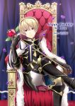  1boy armor armored_boots artist_name blonde_hair boots cape character_name dated fire_emblem fire_emblem_if fur_trim fuzuki_yuu happy_birthday holding_staff leon_(fire_emblem_if) petals red_eyes sitting solo staff throne 