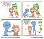  2girls 4koma :d =d absurdres amputee animal_ears artist_name blood comic dog_ears dog_tail english green_hair greenteaneko highres marker multiple_girls mutilation open_mouth orange_hair original pointy_ears scissors short_hair smile tail tears theft turn_pale watermark web_address |_| 