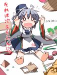  0_0 1girl ahoge arms_up barefoot chibi grey_hair hat hemogurobin_a1c japanese_clothes kariginu mononobe_no_futo new_mask_of_hope sitting solo tate_eboshi touhou toy translated younger 