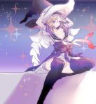  1girl alternate_eye_color arms_up blonde_hair boots djeeta_(granblue_fantasy) gloves granblue_fantasy hairband hands_on_headwear hat koza_game looking_at_viewer puffy_short_sleeves puffy_sleeves short_hair short_sleeves sitting smile solo sparkle thigh-highs thigh_boots violet_eyes warlock_(granblue_fantasy) witch_hat 