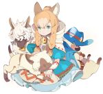  1girl :3 animal_ears belt blonde_hair blue_eyes blue_hair blush braid cape closed_eyes closed_mouth dress facial_hair felyne green_eyes hat hood long_hair lying maruco monster_hunter monster_hunter_x mustache nekojo on_stomach paw_print petting pointy_ears simple_background sitting twin_braids whiskers white_background 