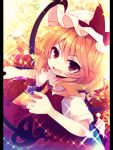  1girl ascot beni_shake blonde_hair bow fang flandre_scarlet hat hat_bow laevatein mob_cap red_eyes solo sparkle touhou 