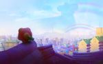  blue_sky building city commentary crown from_behind jake_kalbhenn katamari_damacy king_of_all_cosmos rainbow rooftop scenery silhouette sky the_prince windmill 
