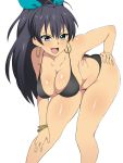  &gt;:d 1girl :d antenna_hair bare_arms bare_legs bare_shoulders bent_over bikini black_bikini black_hair blue_eyes blush body_blush bracelet breasts cleavage collarbone earrings fang ganaha_hibiki hand_on_hip hand_on_own_knee hanging_breasts highres hoop_earrings idolmaster jewelry kagemusha large_breasts long_hair looking_at_viewer open_mouth ponytail simple_background smile solo standing swimsuit tan tooth very_long_hair white_background 
