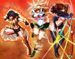  3girls aura bishoujo_senshi_sailor_moon bishoujo_senshi_sailor_moon_crystal black_hair blonde_hair boots breasts brown_hair cleavage cosplay costume_switch crossover electricity jadenkaiba kill_la_kill kino_makoto koshimizu_ami matoi_ryuuko matoi_ryuuko_(cosplay) multicolored_hair multiple_girls rwby sailor_jupiter sailor_jupiter_(cosplay) scarf scissor_blade seiyuu_connection senketsu skirt skirt_lift thigh-highs tiara two-tone_hair under_boob weapon yang_xiao_long yang_xiao_long_(cosplay) 