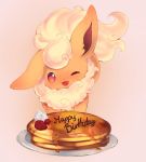  drawfag flareon food fruit happy_birthday no_humans one_eye_closed open_mouth pancake plate pokemon pokemon_(creature) solo stack_of_pancakes strawberry syrup whipped_cream 