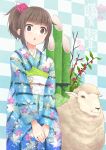  1girl 2015 bamboo brown_eyes brown_hair checkered checkered_background chestnut_mouth floral_print flower hair_flower hair_ornament highres japanese_clothes kimono new_year obi okiru original own_hands_together ponytail sash sheep standing v_arms 