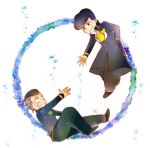  2boys anchor_symbol black_hair blue_eyes dollar_sign facial_mark gakuran grey_hair grin hand_in_pocket heart higashikata_jousuke highres jojo_no_kimyou_na_bouken kazuki_(keepout1003) male_focus multiple_boys nijimura_okuyasu peace_symbol pompadour reaching school_uniform smile 