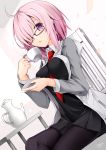  1girl blush breasts cup fate/grand_order fate_(series) glasses hair_over_one_eye looking_at_viewer minari_(minari37) open_mouth pantyhose purple_hair shielder_(fate/grand_order) short_hair solo teacup teapot violet_eyes 