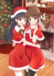  2girls :d absurdres bell bell_choker black_hair black_legwear blue_eyes blurry breasts brown_hair candle capelet choker christmas christmas_stocking christmas_tree cleavage depth_of_field dress fireplace fur_trim hand_on_another&#039;s_shoulder hat head_tilt highres hug long_hair multiple_girls okiru open_mouth original pantyhose pom_pom_(clothes) red_dress santa_costume santa_hat smile standing thigh-highs twintails violet_eyes white_legwear window wooden_floor wreath 