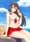  1girl bare_shoulders black_hair breasts brown_eyes cleavage clouds cloudy_sky commentary_request eyebrows eyebrows_visible_through_hair food hair_ornament hairclip haruna_(kantai_collection) highres ice_cream ice_cream_cone kantai_collection light_smile long_hair looking_at_viewer medium_breasts miniskirt navel ocean skirt sky skyrail solo vanilla_ice_cream 