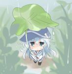  1girl black_legwear blue_eyes blue_hair blue_skirt blurry blush chestnut_mouth chibi depth_of_field flat_cap grass hat hibiki_(kantai_collection) hizuki_yayoi kantai_collection leaf leaf_umbrella long_hair long_sleeves looking_at_viewer neckerchief pleated_skirt rain sailor_collar shirt skirt solo standing very_long_hair water water_drop white_shirt 