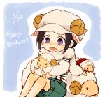  1boy alternate_costume black_hair happy_birthday hat idolmaster idolmaster_side-m male_focus okamura_nao santa_hat shirt striped striped_shirt stuffed_animal stuffed_sheep stuffed_toy violet_eyes 