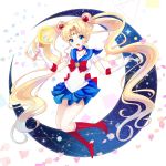  1girl :d bishoujo_senshi_sailor_moon blonde_hair blue_eyes blue_skirt boots bow brooch choker crescent crescent_earrings earrings elbow_gloves full_body gloves hair_ornament hairpin highres jewelry kapin knee_boots long_hair looking_at_viewer maboroshi_no_ginzuishou magical_girl moon_stick open_mouth pleated_skirt red_boots red_bow sailor_collar sailor_moon skirt smile solo tiara tsukino_usagi twintails white_gloves 