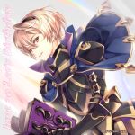  1boy armor artist_name blonde_hair book capelet character_name dated fire_emblem fire_emblem_if happy_birthday leon_(fire_emblem_if) red_eyes shuri_yasuyuki solo teeth 
