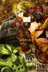  1boy 1girl 2015 bangs black_bra black_gloves black_panties blonde_hair blue_eyes bra breasts caiman character_name clothes_around_waist clothes_writing copyright_name cowboy_shot dated dorohedoro dutch_angle gas_mask gibagiba gloves hair_between_eyes jacket large_breasts leather leather_gloves long_hair long_sleeves looking_at_viewer mask nikaido open_clothes open_jacket over_shoulder panties ponytail smile stitches striped teeth underwear unzipped vertical_stripes 