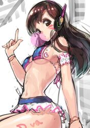  1girl bare_shoulders bikini brown_eyes brown_hair bubblegum d.va_(overwatch) facial_mark headphones kamome_yuu overwatch skirt solo swimsuit whisker_markings 