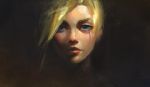  1girl black_background blonde_hair blue_eyes crying dark_background face lips looking_at_viewer mechanical_halo mercy_(overwatch) nose overwatch portrait realistic skyfiss solo streaming_tears tears 
