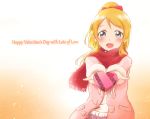  1girl :d amano_loto ayase_eli blonde_hair blue_eyes blush coat fur_trim gift hair_ribbon happy_valentine heart-shaped_box highres long_hair love_live! love_live!_school_idol_project open_mouth ponytail ribbon scarf smile solo valentine 