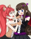  2girls animal_ears bare_shoulders black_skirt blue_eyes blush brown_eyes brown_gloves brown_hair brown_shirt chain clenched_hands collar detached_sleeves fang fur_trim gloves hair_ornament halloween_costume head_tilt kurosu_aroma long_hair long_sleeves looking_at_another multiple_girls nose_blush okiru open_mouth paw_pose pleated_skirt ponytail pripara redhead shiratama_mikan shirt sideways_mouth simple_background sketch skirt skull_hair_ornament sleeveless sleeveless_shirt sweatdrop 