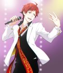  1boy ahoge cowboy_shot eihire facial_hair goatee idol idolmaster idolmaster_side-m jacket male_focus necktie open_clothes open_jacket red_eyes red_necktie redhead smile solo tendou_teru 