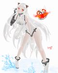  absurdres airfield_hime annimeone7 boots floating_fortress_(kantai_collection) highres horns kantai_collection leotard looking_at_viewer orange_eyes shinkaisei-kan simple_background smile water white_background white_hair white_skin 