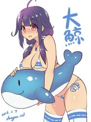  1girl ahoge artist_name bangs bikini blunt_bangs blush breast_press breasts character_name dangan_neko dated embarrassed eyebrows eyebrows_visible_through_hair hair_flaps hair_over_breasts hair_over_shoulder hairband holding inflatable_toy inflatable_whale jewelry kantai_collection large_breasts leaning_forward long_hair low_twintails magatama micro_bikini necklace open_mouth purple_hair red_eyes shiny shiny_skin side-tie_bikini sidelocks skindentation solo string_bikini swimsuit taigei_(kantai_collection) tareme thigh-highs translated twintails whale 