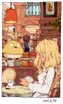  2girls annie_belton bird blonde_hair book bookshelf cafe chair cup cupboard lamp long_hair matsuda_(matsukichi) multiple_girls original plant shirt sitting smile stairs table yvette_martin 