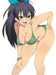  &gt;:d 1girl :d antenna_hair bare_arms bare_legs bare_shoulders bent_over bikini black_hair blue_eyes blush body_blush bracelet breasts cleavage collarbone earrings fang ganaha_hibiki green_bikini hand_on_hip hand_on_own_knee hanging_breasts highres hoop_earrings idolmaster jewelry kagemusha large_breasts long_hair looking_at_viewer open_mouth ponytail simple_background smile solo standing swimsuit tan tooth very_long_hair white_background 