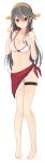  1girl absurdres bare_arms bare_legs bare_shoulders barefoot bikini black_hair blush breasts brown_eyes cleavage closed_mouth collarbone flying_sweatdrops full_body hair_between_eyes hair_ornament hair_twirling hairclip haruna_(kantai_collection) headgear highres kantai_collection long_hair medium_breasts navel pigeon-toed sarong see-through simple_background smile solo standing stomach swimsuit tan tanline thigh_gap thigh_strap toes white_background white_bikini yuki_(yukin0128) 