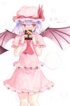  1girl ascot bat_wings blush chocolate covered_mouth dress hair_between_eyes hat hat_ribbon heart highres lavender_hair looking_to_the_side mob_cap pink_dress puffy_short_sleeves puffy_sleeves red_eyes red_ribbon remilia_scarlet ribbon shiero. short_hair short_sleeves simple_background solo touhou valentine white_background wings wrist_cuffs 
