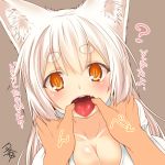  1girl animal_ears blush breasts brown_eyes cleavage collarbone commentary_request eyebrows fox_ears hands_on_another&#039;s_cheeks hands_on_another&#039;s_face hikimayu kohaku_(yua) long_hair looking_at_viewer original pov slit_pupils solo_focus thick_eyebrows tongue tongue_out translated white_hair yua_(checkmate) 