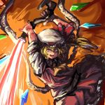  &gt;:d 1girl :d arms_up bat_wings blonde_hair chanta_(ayatakaoisii) crystal flaming_sword flandre_scarlet hat hat_ribbon highres holding holding_weapon looking_at_viewer mob_cap open_mouth red_eyes ribbon side_ponytail skirt skirt_set smile solo sword touhou weapon wings 