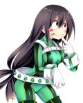  1girl :&gt; :p asui_tsuyu bangs belt black_eyes black_hair blush_stickers bodysuit boku_no_hero_academia boots breasts chikuwa_savi closed_mouth cowboy_shot eyelashes finger_to_mouth gloves goggles goggles_on_head hair_between_eyes hair_rings holding long_hair looking_away looking_up low-tied_long_hair medium_breasts shiny shiny_clothes simple_background solo thigh-highs thigh_boots tongue tongue_out turtleneck very_long_hair white_background 