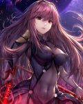  1girl bodysuit breasts covered_navel covered_nipples dual_wielding fate/grand_order fate_(series) gae_bolg hisahisahisahisa lips long_hair md5_mismatch medium_breasts pauldrons polearm red_eyes redhead scathach_(fate/grand_order) solo spear weapon 