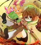  1girl aussa brown_eyes brown_hair coat duel_monster glasses monako_(motapotan) shoes short_hair smile staff yuu-gi-ou 