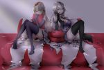  2girls ass bare_shoulders black_gloves black_legwear blonde_hair blue_eyes blush breasts cleavage closed_eyes dark_persona dual_persona fate/apocrypha fate/grand_order fate_(series) gloves highres jeanne_alter large_breasts long_hair multiple_girls pillow ruler_(fate/apocrypha) ruler_(fate/grand_order) silver_hair smile tetsu_(excalibur920) thigh-highs yellow_eyes 