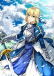  1girl ahoge armor armored_dress blonde_hair clouds dress excalibur fate/grand_order fate/stay_night fate_(series) grass green_eyes highres horonosuke rock saber smile solo sword weapon 