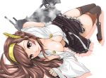  1girl bare_shoulders black_legwear black_skirt breasts brown_eyes brown_hair cannon cleavage collarbone detached_sleeves double_bun foreshortening full_body hairband japanese_clothes k3desuyo kantai_collection kongou_(kantai_collection) large_breasts lips long_hair looking_at_viewer lying machinery miniskirt nontraditional_miko on_back skirt skirt_set solo steam thigh-highs torn_clothes wide_sleeves 