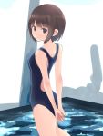  1girl arms_behind_back blue_eyes breasts brown_hair closed_mouth competition_swimsuit expressionless from_side okiru one-piece_swimsuit original own_hands_together short_hair solo standing swimsuit water 